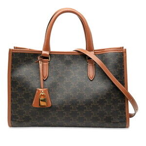 Celine Triomphe Horizontal Cabas Shoulder Handbag Black Brown Leather